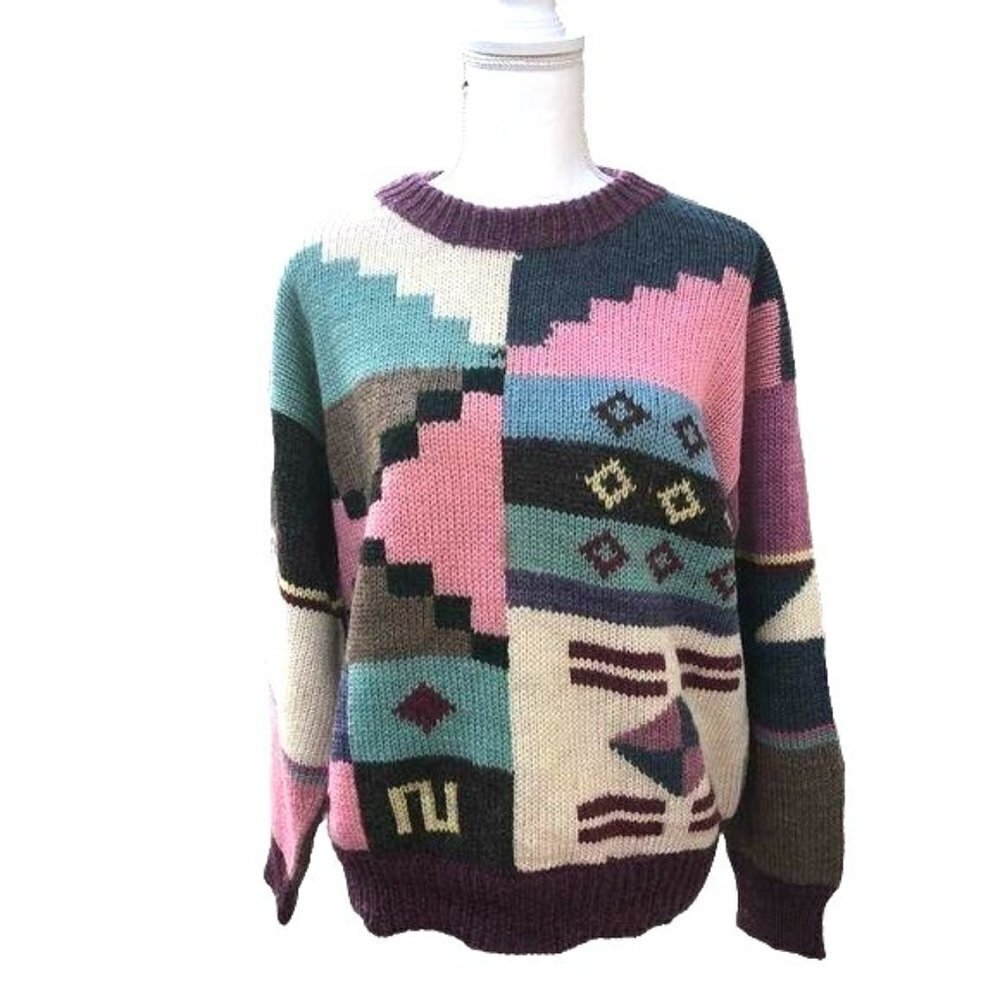 Wool Sweater Womens Vintage Oversized Abstract Pattern Crew Neck Pullover